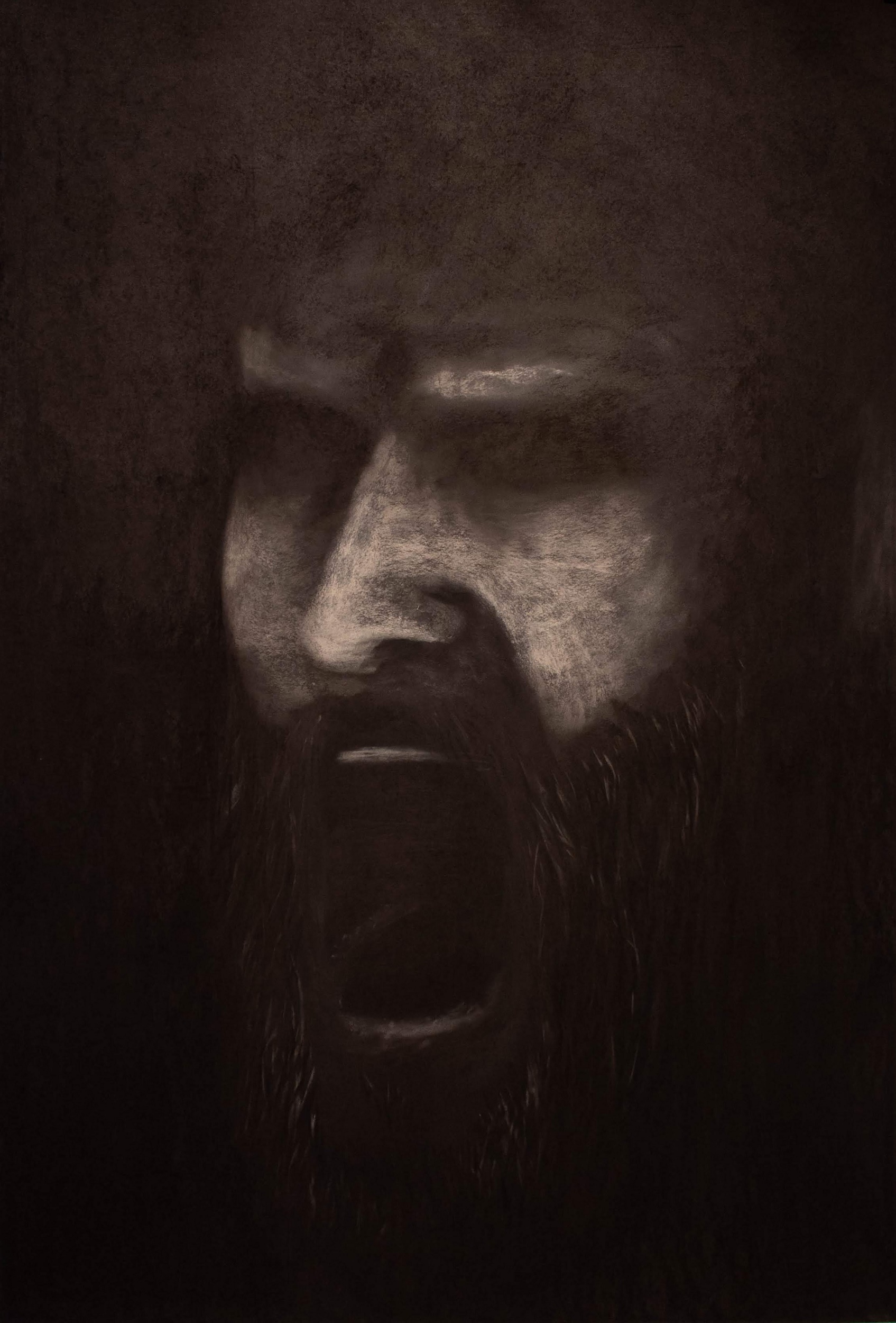 A charcoal drawing of a man with an open mouth as if he is yelling